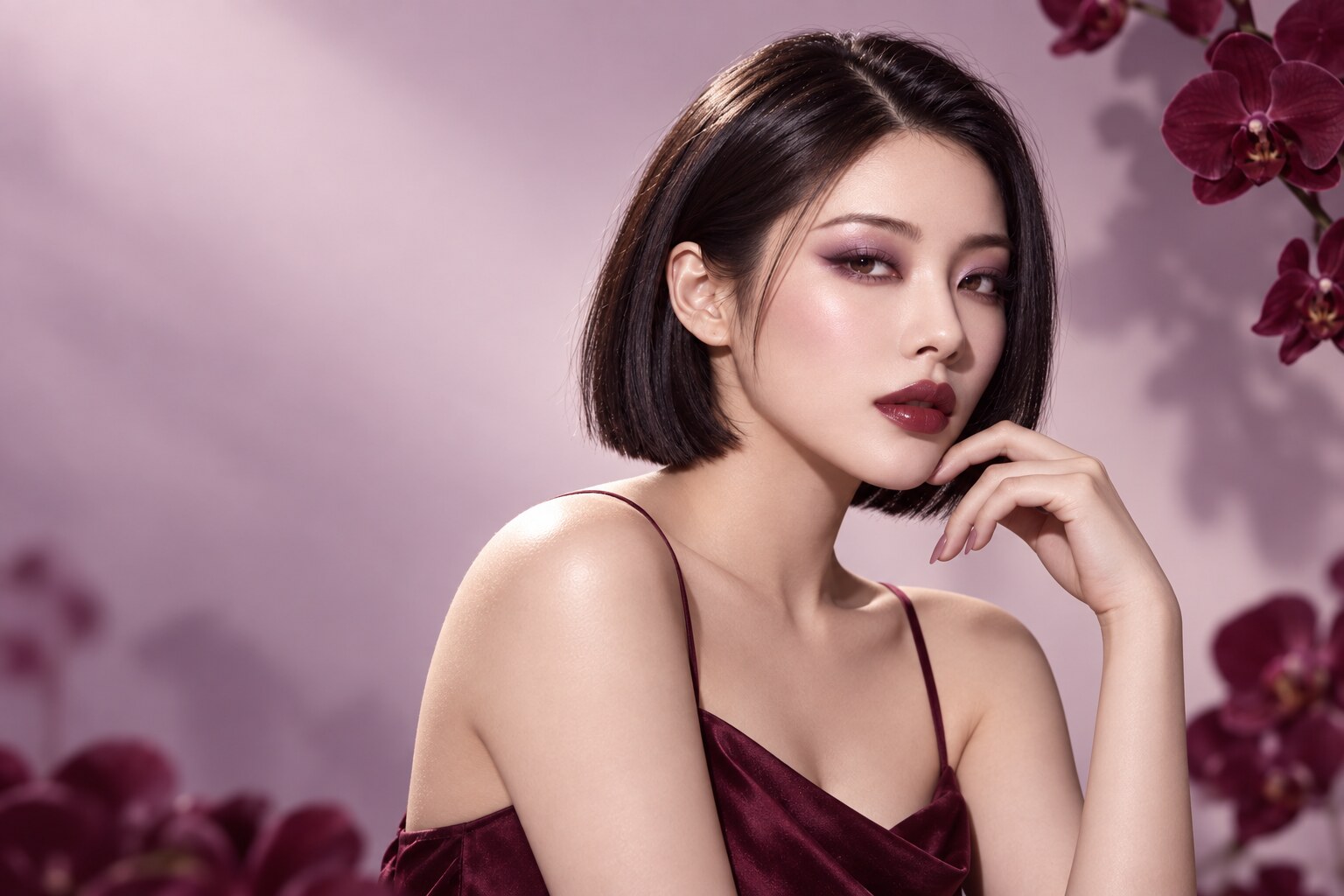Korean beauty model wearing a lavender-plum eye look