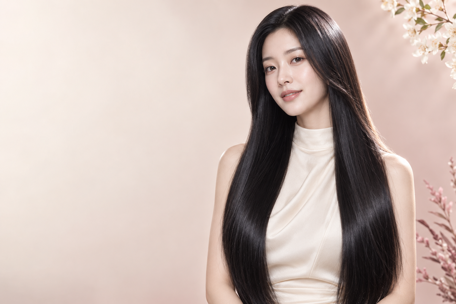 Korean beauty portrait with minimal makeup and long jet-black glossy hair