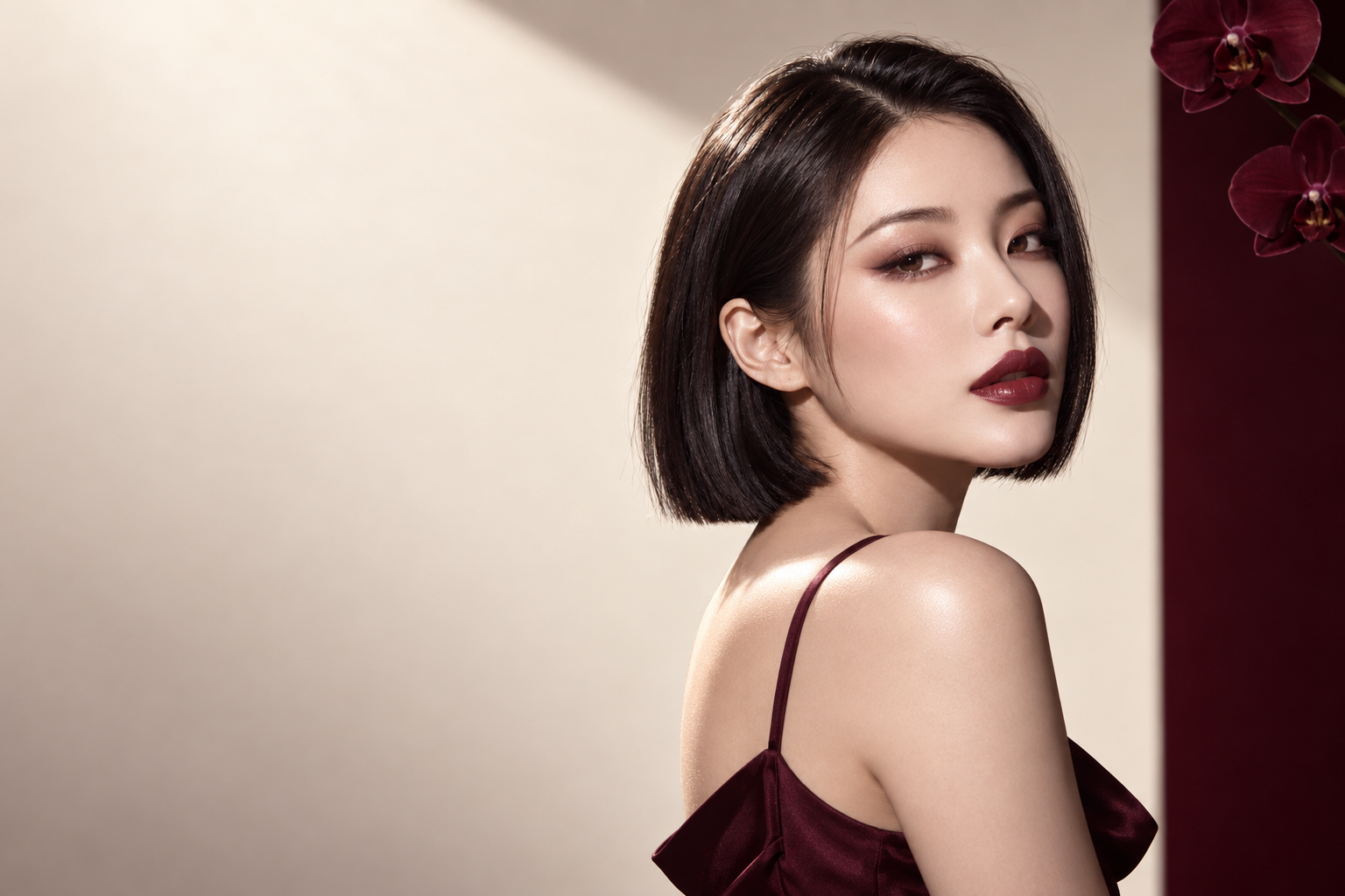 Complete head-and-shoulders Korean beauty portrait with glamorous burgundy and rose makeup
