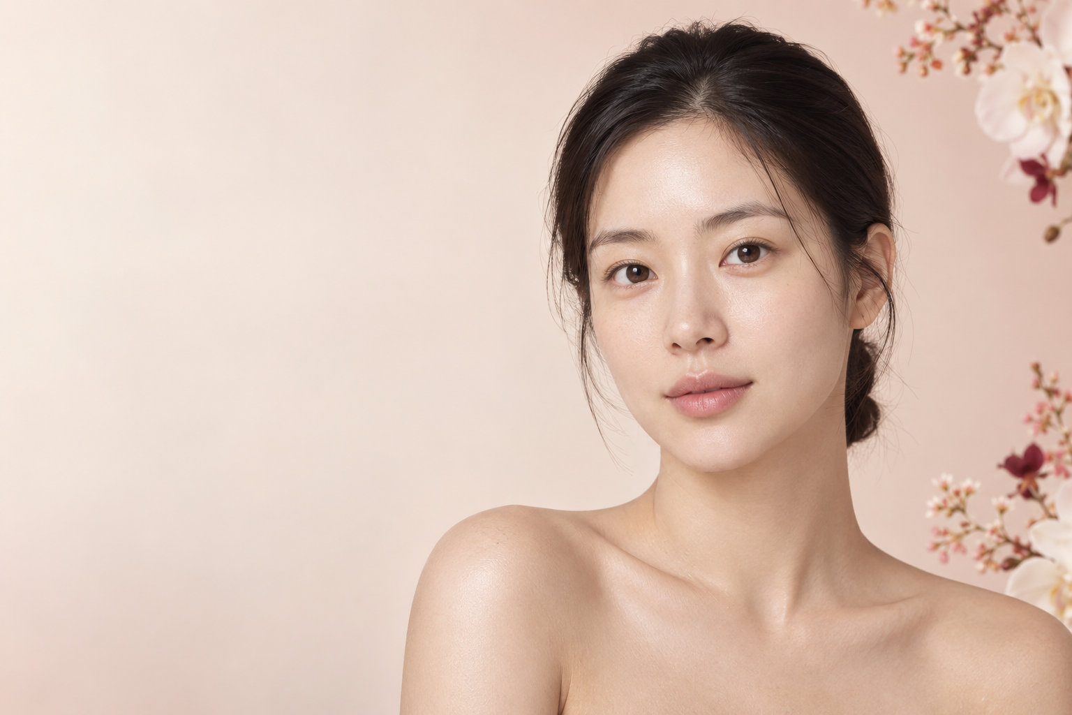 Bright bare-faced Korean beauty portrait with naturally glowing skin and flowers