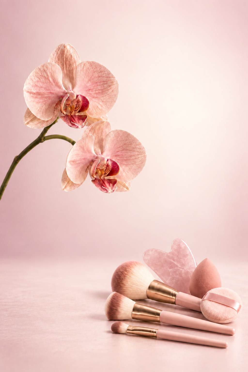 Two blush orchids with elegant makeup brushes, sponges, and a rose-quartz gua sha